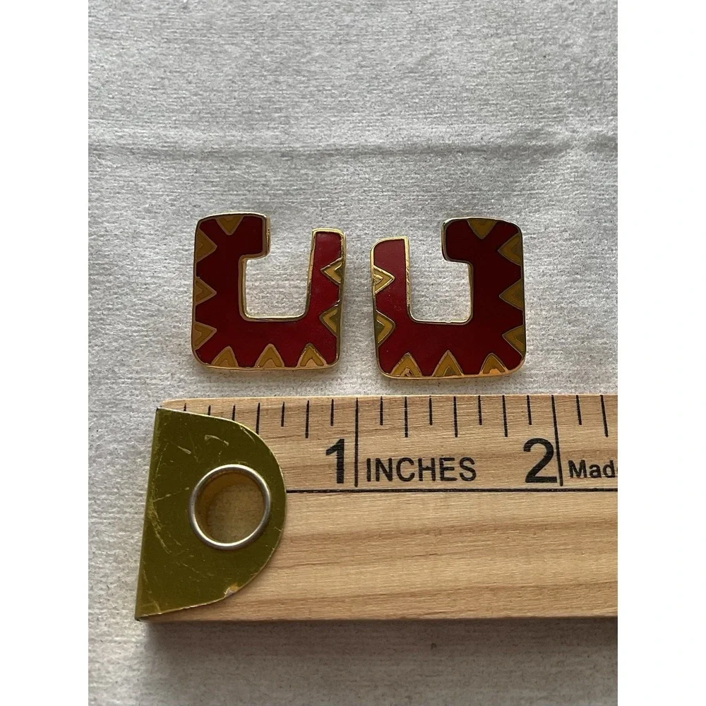 Laurel Burch "Galeza" square stud earrings Red Yellow Enamel Vintage - Picture 6 of 8